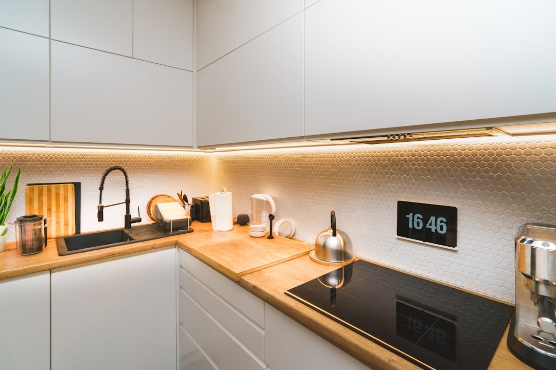 kitchen real estate interior empty room furniture clock smart home display tablet
